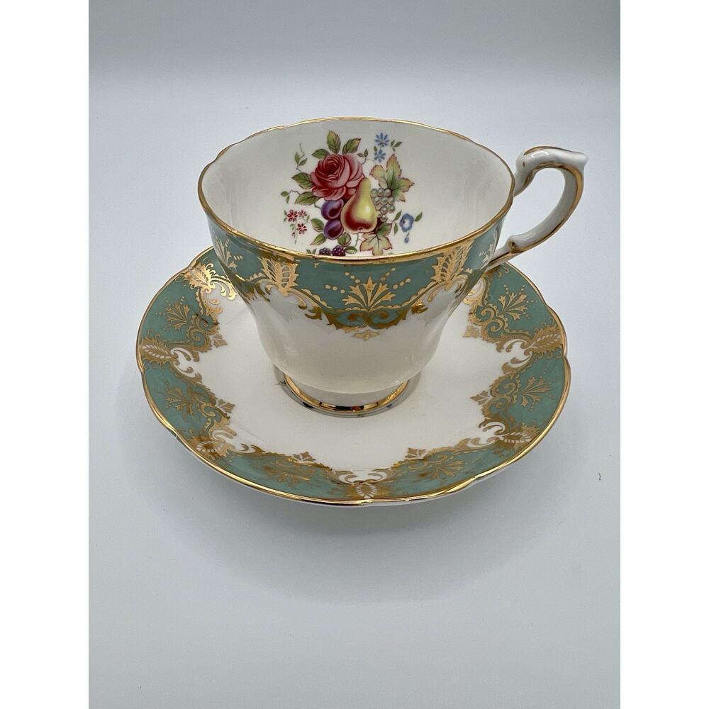 Vintage Paragon England Floral Rose White Turquoise Tea Cup & Saucer Set